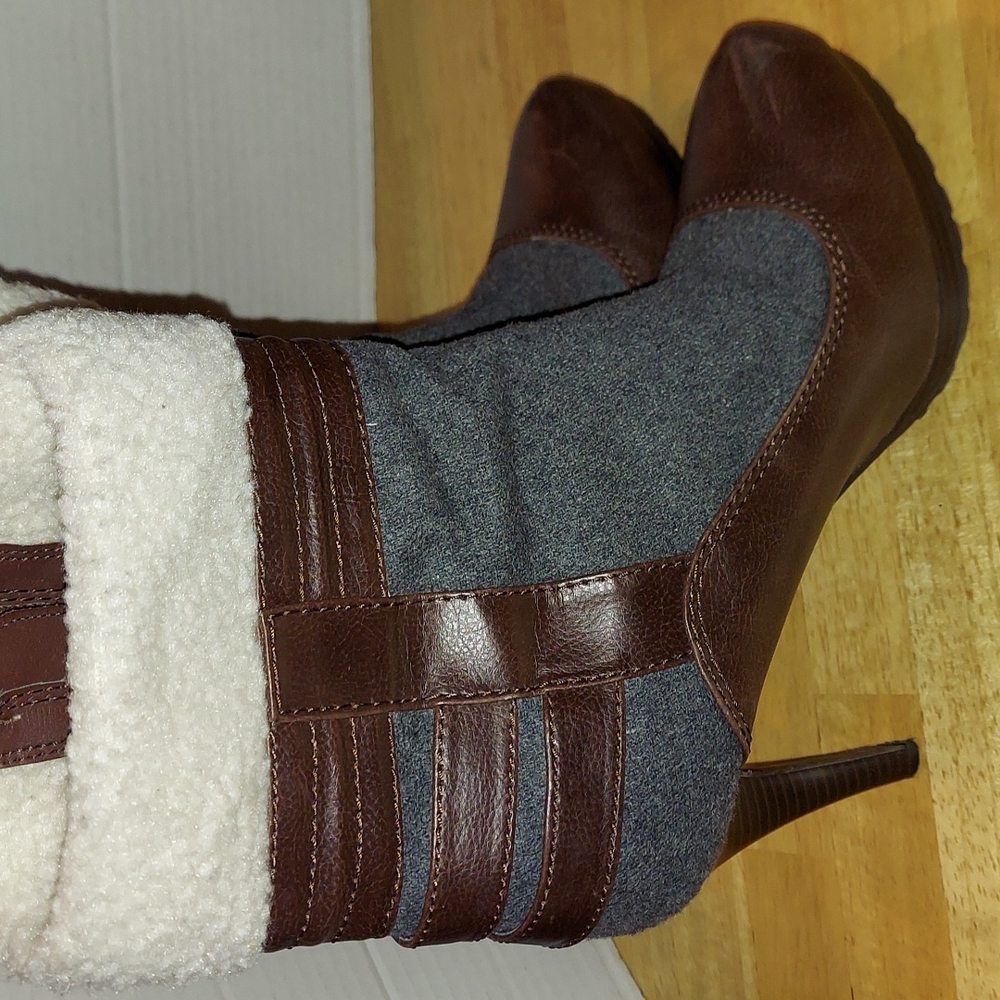 ELLE Heeled Boots Eldrewgrey Faux Sherpa Wool Gray Brown Heels Sz 8.5 - Picture 1 of 8